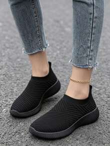 Women's Comfortable Breathable Casual Sports Shoes With Elastic Upper, Suitable For Plus Size, Gym, Commuting, Walking - Black - View 4