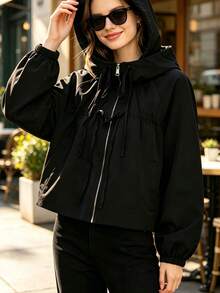 TF.MLN 女款街頭風連帽夾克 蝴蝶結繫帶拉鍊外套 春夏新款 極簡休閒女士夾克 黑色 - 黑色 - 查看 2