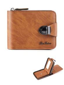 BATSIOE Vintage Men's Short Wallet With Lock, Multiple Card Slots, Mirror Window, Zipper Coin Pocket, Multifunctional Leather Wallet - Multicolor - View 9