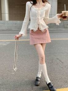 Cardigan Sweater Rajut Bergaris dengan Hiasan Renda Bergelombang, Lengan Panjang Pas Badan, Warna Beige, Atasan Elegan untuk Musim Gugur/Dingin, Cocok untuk Acara Santai dan Pesta. - Aprikot - View 6