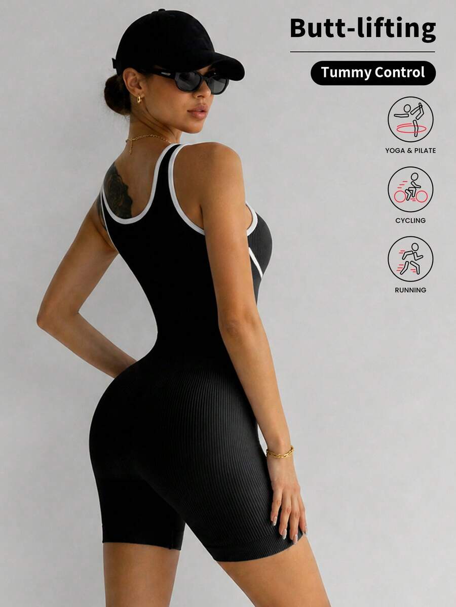 European & American Style Seamless Yoga Jumpsuit, Black & White Contrast Trim Ribbed Fitness Jumpsuit, Casual Versatile Everyday Wear Sports
