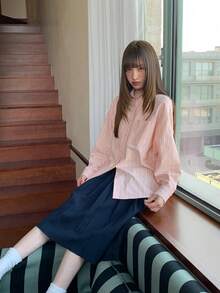 Korean Style Collared Striped Long Sleeve Shirt Tops (Random Stripes) Pink - Pink - View 1