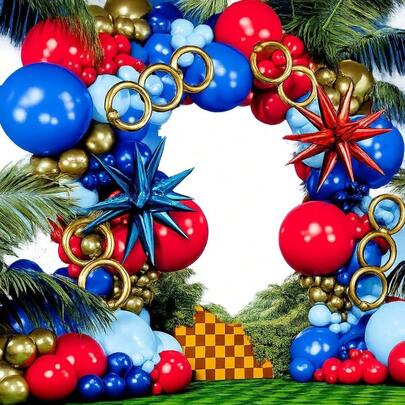 145pcs Hedgehog-Themed Balloon Arch Kit, Featuring Starburst Foil Balloons And Blue, Red, Metallic Blue, And Gold Latex Balloons. Perfect For Birthday Parties, Baby Showers, Gaming-Themed Decor, And Hedgehog-Themed Party Decorations.
