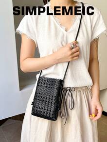 Women's Fashion Faux Woven Hollow Out Solid Color Phone Bag, Lightweight Vacation Beach Crossbody Bag - Black - View 2
