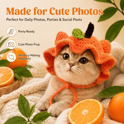 Cute Orange Peel Cat Hat, Soft Crochet Citrus Design, Adjustable Strap, Fun Photo Prop For Cats And Kittens, Pet Hat Headwear