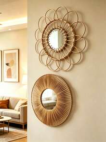 1Pc/2pcs Boho Handwoven Rattan Sunflower Round Wall Mirror,Rattan Woven Bamboo Glass Wall Mirror,Easy Install All Season,Floral Rattan Bathroom Vanity Mirror,Perfect Birthday Christmas & Mother's Day Gift-For Home Decor,Bedroom Decor,Wall Decor - Multicolor - View 2