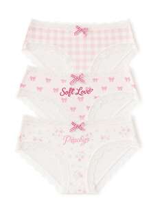 Aesletic 3pcs/Pack Minimalist Sexy Style Pink Plaid Bow Ditsy Floral Lace Women's Triangle Panties Soft Love & Peachy Mid-Waist - Multicolor - View 8