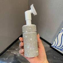 200ml Multifunctional Rhinestone Foaming Pump Bottle With Soft Brush Head, Press-Type Pump Generates Rich Fine Foam For Gentle Facial Cleansing, Detachable Brush Head Deep Exfoliate & Remove Makeup Residue, Refillable Design Reuse With Face Wash - White - View 3