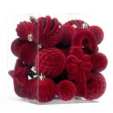 28Pcs Wine Christmas Ornaments Set Flocked Xmas Tree Decorations Assorted Shapes Shatterproof Hanging Ball Plush Star Candy Cane Gift Box Baubles Holiday Party Decor - Burgundy - View 1