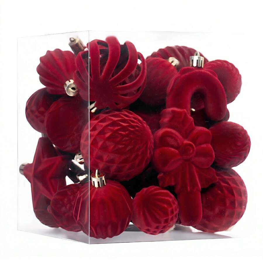 28Pcs Wine Christmas Ornaments Set Flocked Xmas Tree Decorations Assorted Shapes Shatterproof Hanging Ball Plush Star Candy Cane Gift Box Baubles Holiday Party Decor - Burgundy - View 1