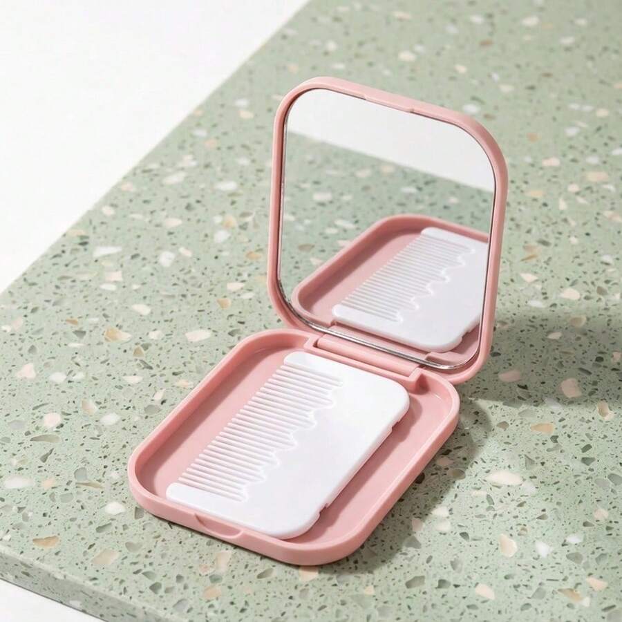 Espelho de Bolsa Portátil Dobrável de Plástico e Vidro com Pente de Cabelo - Rosa chiclete - Visão 1