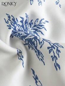 DONICY 女款白色與藍色 Toile De Jouy 印花細肩帶中長洋裝，方領、胸前抓褶、收腰，休閒度假風 - 彩色 - 查看 5