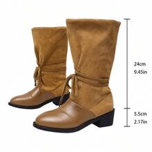 Loose Ruched Mid-Calf Boots With Adjustable Lace-Up Thick Heel, Round Toe Non-Slip Western Daily Women's Boots - Camel - View 8