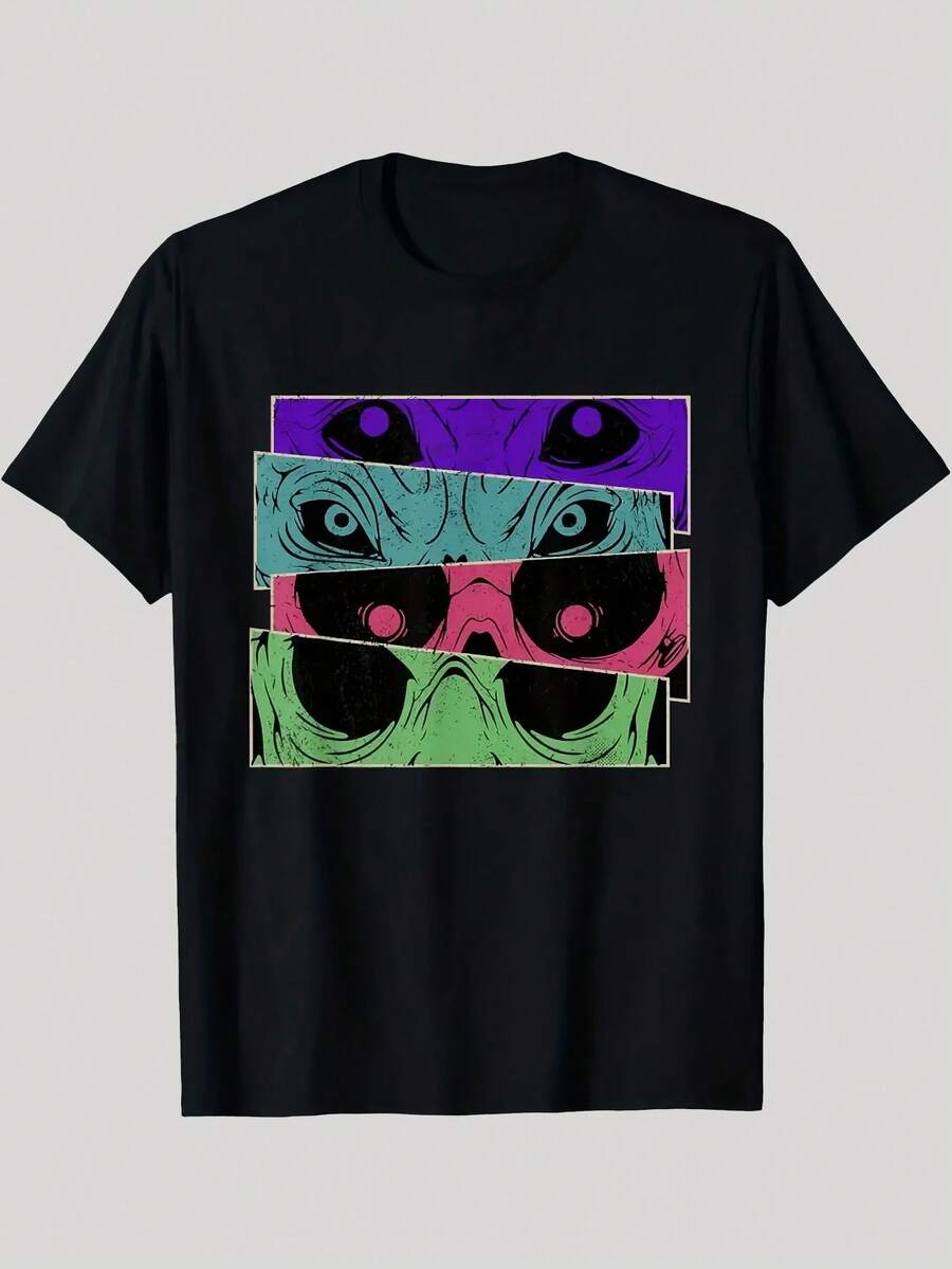 Zombie-Horror-T-Shirt für Damen & Herren - Schwarz mit neongrüner & pinker Comic-Explosion & 4-Wege-Zombie-Gesichts-Panels - Locker geschnitten, Kurzarm - Schwarz - Übersicht 1