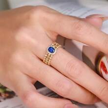 Elegant Hollow Lace 18K Gold Plated Blue Zirconia Inlaid Open Ring For Women - Blue - View 6