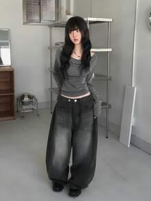灰色女款露肩長袖上衣 秋季新款 獨特甜美性感 修身收腰露肩 T-shirt - 深灰色 - 查看 8