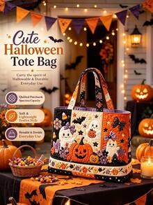 1pc Women's Halloween Tote Bag & Coin Purse Set - Large Capacity Crossbody Bag, Storage Bag, Organizer Bag, Women's Beach Bag, Also Can Be Used As Makeup Bag, Laundry Basket, Cute Pumpkin & Bat Print, Machine Washable & Reusable Tote Bag, Suitable For Travel, Shopping, Daily Use, Holiday Essential, Travel Essential, Gift Essential - View 8