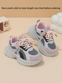 Girls' Light Gray, Pink & Brown Colorblock Magic Tape Lace-Up Chunky Sneakers, Simple Patchwork Kids' Shoes, Suitable For All-Season Outings And Daily Wear - Pink - View 2