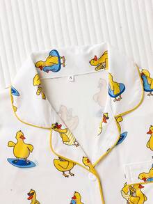 Women's 2-Piece Satin Pajama Set, Cute Cartoon Duck Print, Lapel Long Sleeve Top And Elastic Waist Pants, Soft And Silky Loungewear - Yellow - View 3