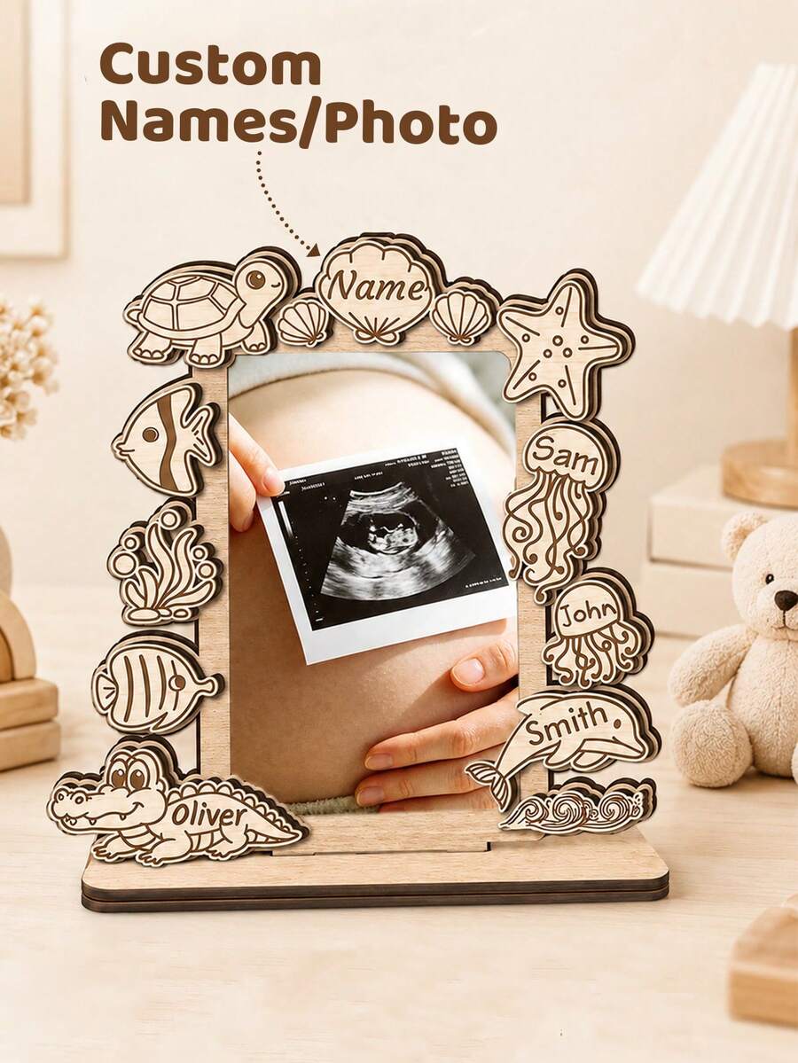 Custom Ocean Animal Ultrasonic Photo Frame, Personalized Photo Keepsake, Beach Style Room Decor, Custom Name Family Gift, Customizable Photo Memory Display - Style a - View 1
