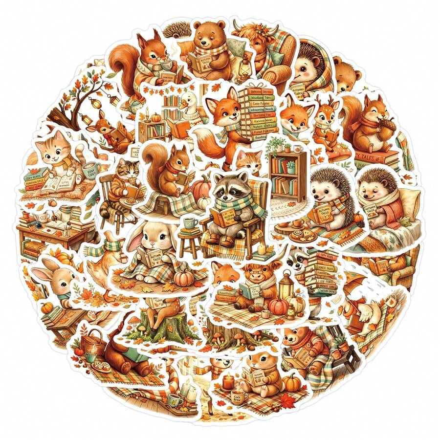 50Pcs Cozy Autumn Woodland Animals Reading Stickers Funny Fall Book Love Stickers Aesthetics Scrapbook Stickers Pack Vinyl Waterproof Stickers For Water Bottle,Computer,Laptop,Phone,Luggage,Notebook,Fridge