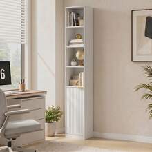 HOMCOM Estantería para Libros de 6 Niveles, Librería Alta y Estrecha con 4 Estantes Abiertos, Puerta y Estante Ajustable, Armario para Salón, Estudio, Oficina, 30x24x182 cm, Blanco - A - Ver 2