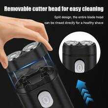 HIENA Mini Pocket Rotary Electric Shaver For Men,Dual Floating Double-Ring Fit Blades,USB Fast Charge Wet Dry Cordless Travel Beard Razor,Low Noise Powerful Motor,Detachable Washable Head,Portable Compact Facial Shaving Grooming Gift For Dad Husband - Black - View 11