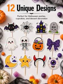 12pcs Halloween Icon Cake Toppers, Bat Ghost Spider Web Cupcake Picks, Birthday Dessert Decoration - View 6