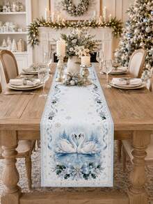 1pc Blue White Winter Swan Table Runner, Elegant Linen Rectangular Snowflake Holly Ribbon Lake Swan Printed Tablecloth Cover For Dining Table, Kitchen, Buffet, Christmas Dinner, Holiday Party And Winter Home Decor - Multicolor - View 2