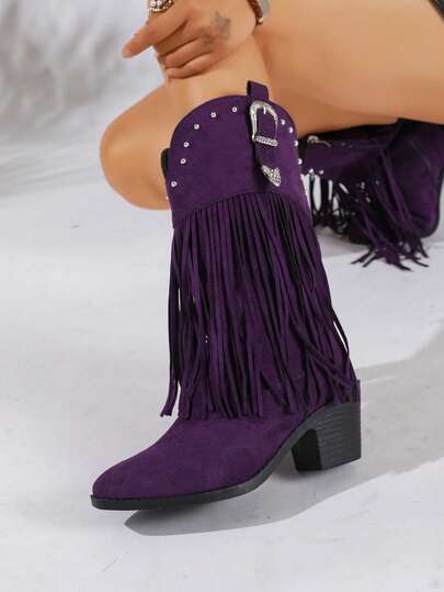 Botas vaqueras occidentales de ante púrpura con flecos para mujer, decoración de remaches, punta puntiaguda, tacón grueso, botas de media pantorrilla con cremallera lateral