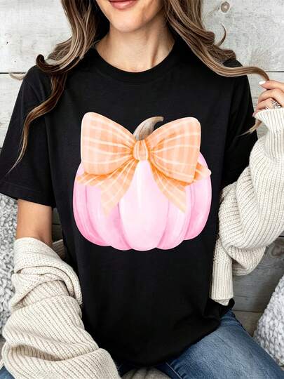 Pink Pumpkin With Plaid Bow Print Graphic Tee, Casual Fall Autumn Outfit Top For Women, Daily Wear Holiday Party Streetwear