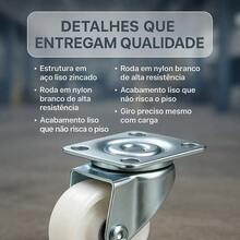 Jogo Kit 4 Rodinha 2Polegadas 50mm Giratório Nylon Rodízio S/freio 200kg - roda branca - Visão 4
