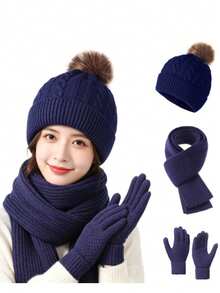 3pcs Winter 2025 New Women's Thermal Lined Cable Knit Pom Pom Hat & Scarf Set, Outdoor Cycling Warm 3 Pieces Set Unisex Solid Color - Multicolor - View 2