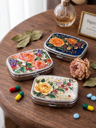 1pc Portable Floral Printed Pill Case, Mini 2 Grid Divided Medicine Tablet Storage Box, Vintage Flower Pattern Metal Pill Container For Pocket Purse Travel Daily Vitamin Organizer Gift For Women