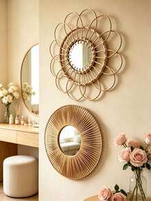 1Pc/2pcs Boho Handwoven Rattan Sunflower Round Wall Mirror,Rattan Woven Bamboo Glass Wall Mirror,Easy Install All Season,Floral Rattan Bathroom Vanity Mirror,Perfect Birthday Christmas & Mother's Day Gift-For Home Decor,Bedroom Decor,Wall Decor - Multicolor - View 11