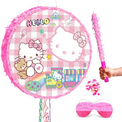 SANRIO Hello Kitty Pinata, Hello Kitty Themed Pinata Set - Hello Kitty Party Pinata Sticks, Hello Kitty Party Game Eye Mask ETC. Hello Kitty Pinata Supplies For Hello Kitty Birthday Party Decorations