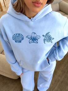 Women's Floral Shell Turtle Pattern Blue Hooded Sweatshirt, Island Vacation, Warm Thermal Lined Sweatshirt, Autumn/Winter Fall - Multicolor - View 3