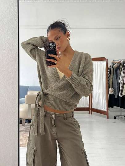 MORI Fall Winter Women Sweaters Y2K Balletcore Khaki Cross Front Side Tie Wrap V Neck Slouchy Cropped Knit Cardigan Top Back To School Outfits