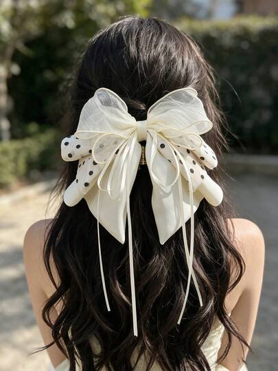 1 buah Jepit Rambut Ekor Kuda Motif Polkadot Putih Prancis dengan Pita dan Rumbai, Jepit Rambut Pita Vintage yang Manis, Aksesori Rambut Serbaguna untuk Sehari-hari/Kencan/Perjalanan