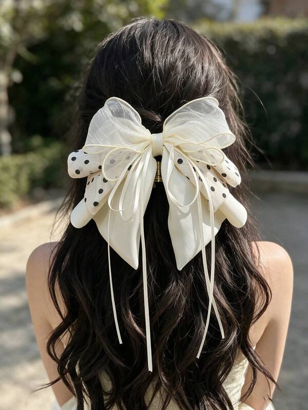 1pc French White Polka Dot Bow Tassel Ponytail Claw Clip, Sweet Vintage Ribbon Hair Clip, Versatile Hair Accessory For Daily/Date/Commute