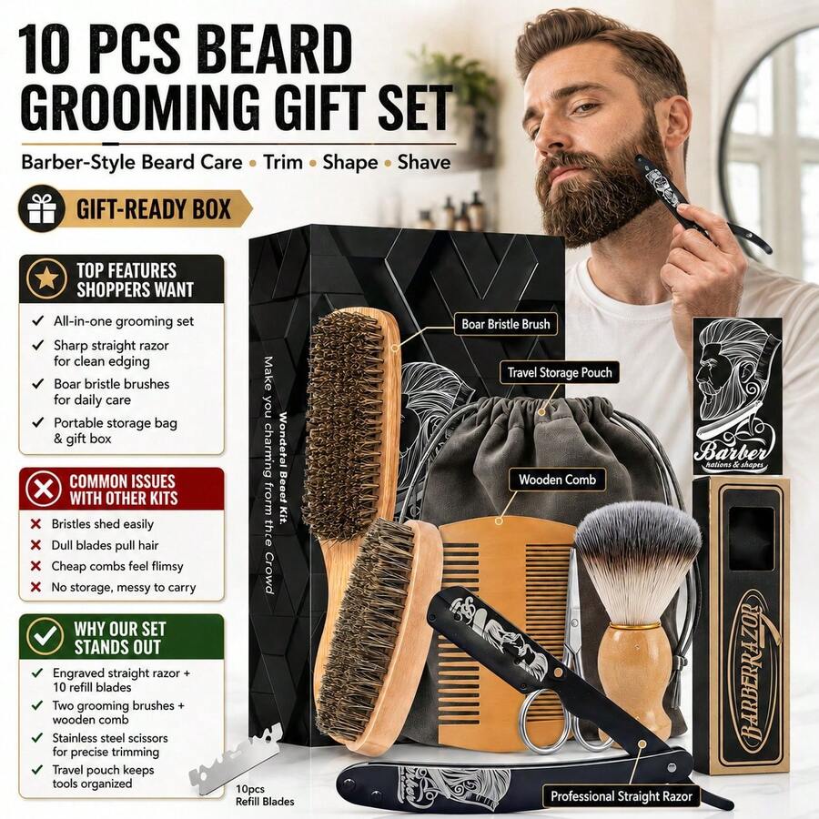 Kit de Cuidados com a Barba de 10 Peças para Homens, Navalha Reta, Escova de Cerdas, Pente de Madeira & Bolsa de Viagem, Presente Estilo Barbeiro - Pente para barba + escova para barba - Visão 1