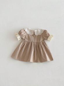 Miniweenns 1pc Baby Girl Academy Style Hollow Peter Pan Collar Puff Short Sleeve Loose Fit Dress - Khaki - View 8