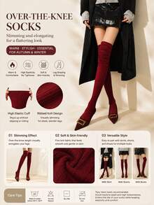 1 Pair Women Burgundy Ribbed Knit Slouchy Over The Knee Socks Old Money For Fall Boot Layering Office Daily Wear - Red - View 3