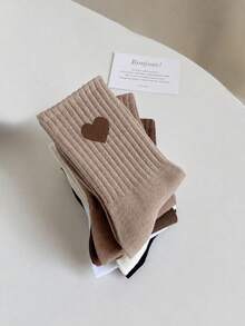 12/6 Pairs Kids Random Heart & Bow Solid Color Mid-Calf Socks In Maillard Tones - Multicolor - View 4