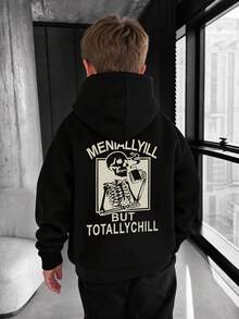 1pc Teen Boys American Retro Coffee Skull Funny Slogan Sweatshirt, Black Niche Loose Cool Unisex Kids Spring/Autumn Pullover Sweatshirt - Black - View 2