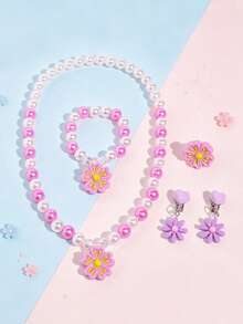 5pcs/Set Floral Faux Pearl Jewelry Necklace Bracelet Ring Clip-On Earrings For Girls Princess Party Dress-Up Gift - one-size - View 6