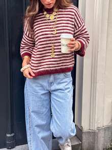 Women Crew Neck Striped Knit Sweater Loose Oversized 3/4 Wide Sleeve Soft Fuzzy Pullover Casual Daily Top Fall - Multicolor - View 2