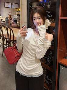 Draped Neck Pleated Long Sleeve Layered Lace Patchwork T-Shirt - Apricot - View 10