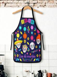 4Pcs/1pcDay Of The Dead Print Apron, Sugar Skull Skeleton Pattern Kitchen Apron For Cooking Baking Halloween PartySkeleton Apron For Halloween, White Human Skeleton Bones Print Black Kitchen Apron - Multicolor - View 7