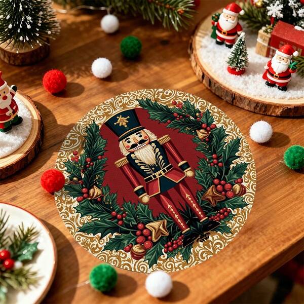 2/4/6/8pcs 14 Inch Diameter Christmas Placemats, Red Nutcracker Round Flower Shape Table Decor Suitable For Christmas Day Kitchen Dining Room Decoration